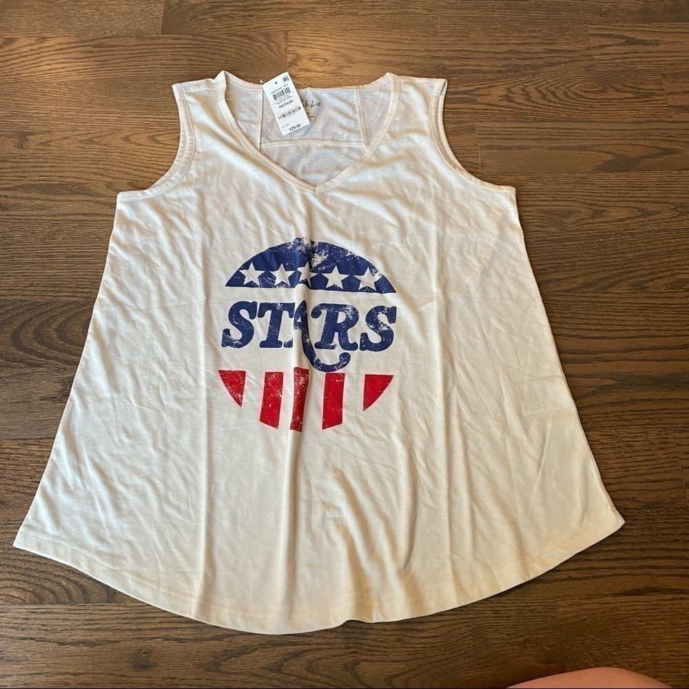 NWT woman’s Style & Co loose fit tank top. Stars and Stripes print. Size medium